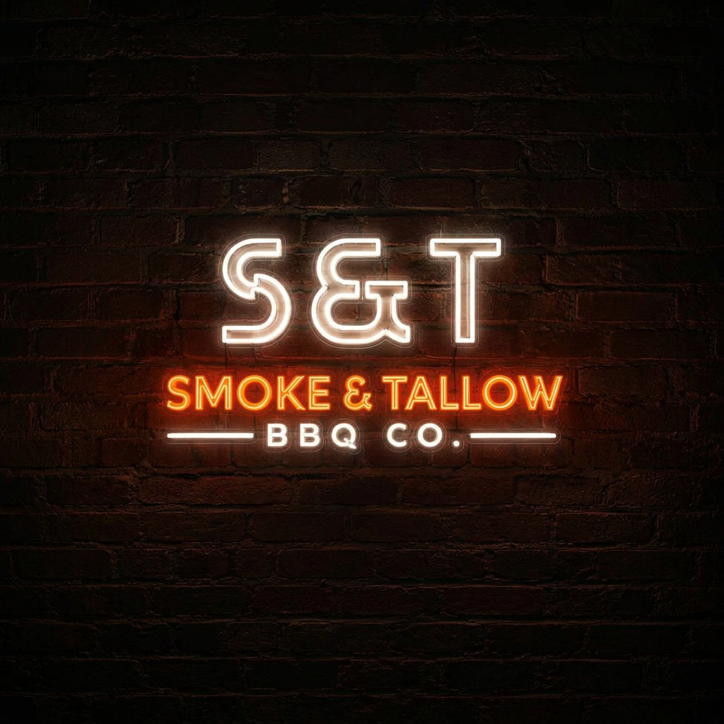 Smoke & Tallow BBQ Co. neon sign on a brick wall